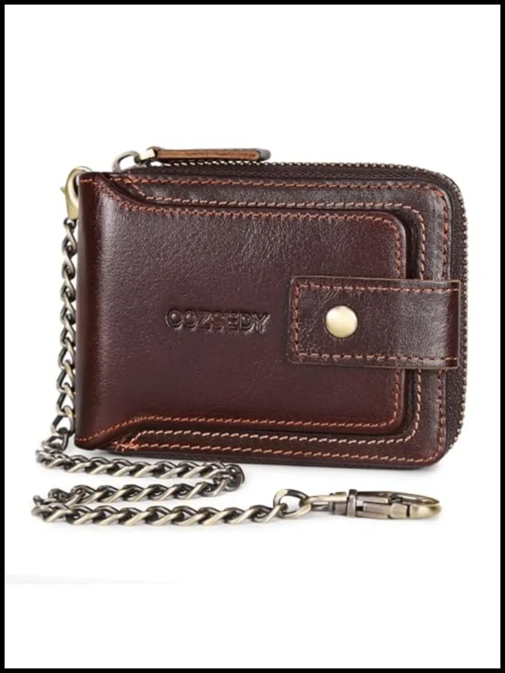 RFID Blocking Leather Bifold Wallet with Chain, 18 Card Slots, Genuine Cowhide